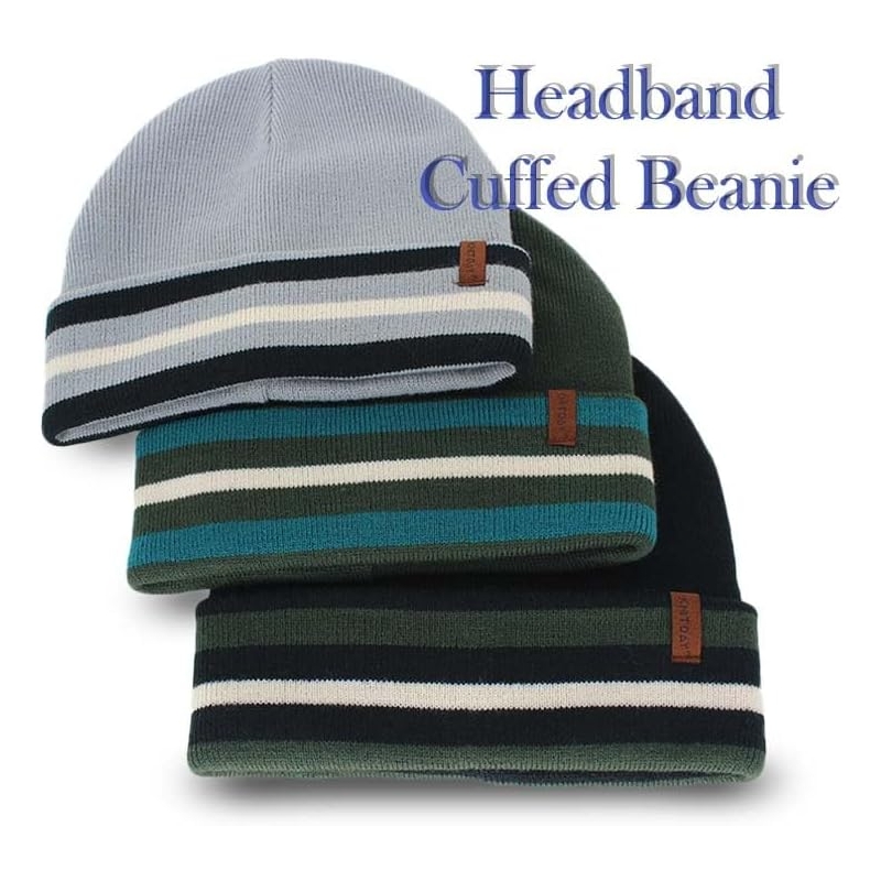KNITDAY Men's Black Cuffed Running Golf Beanie Winter Hat for Men, Knitted Stripes Headband Pattern Cuff Beenie Skull Cap - Image 2